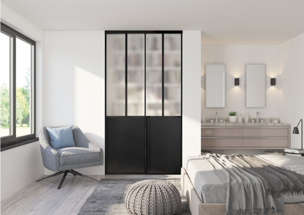 Porte Atelier 
Noir et Verre Dépoli Blanc- Profil Noir.